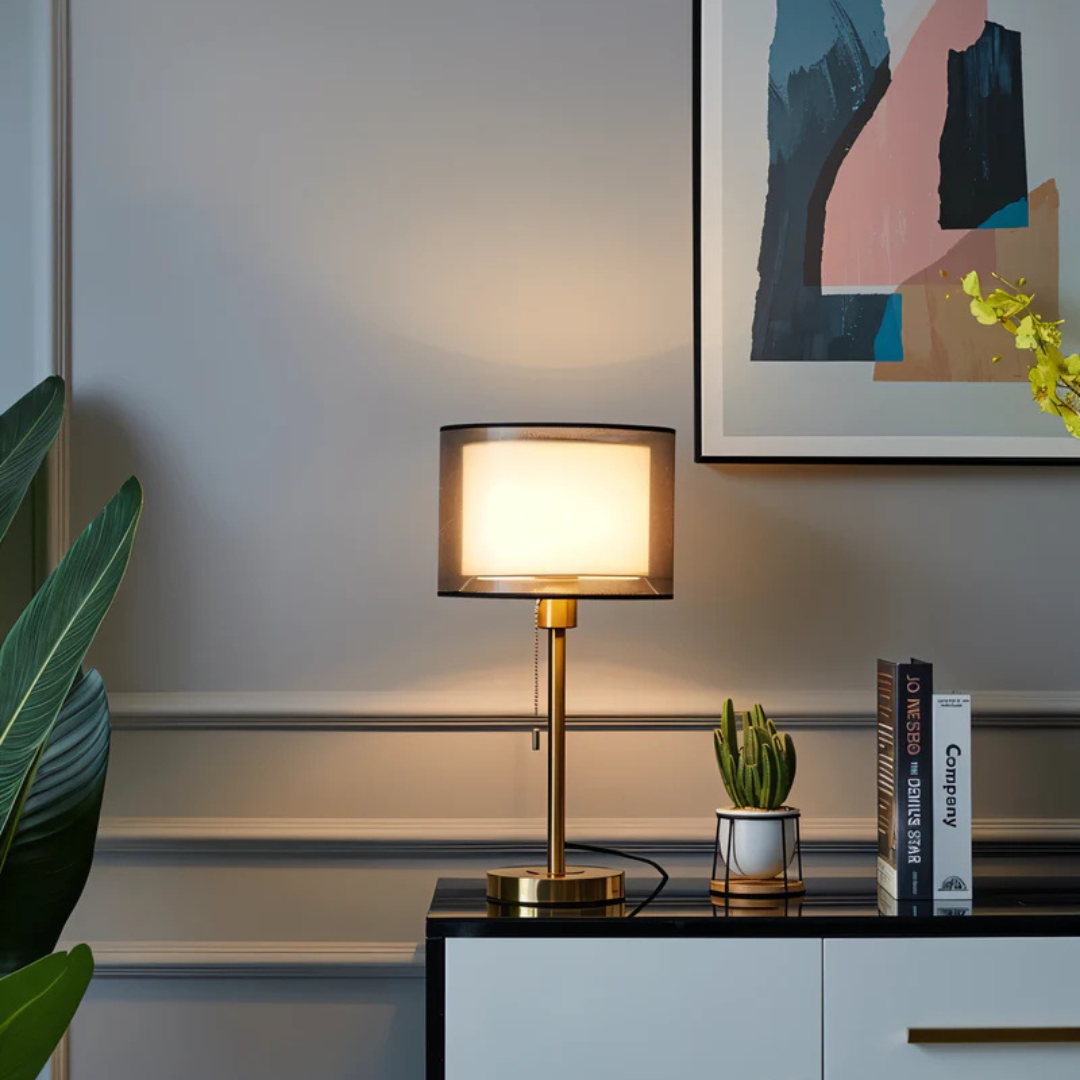 Modern vintage table lamp with a double fabric shade, delivering a cozy warm ambient LED glow for any room decor.