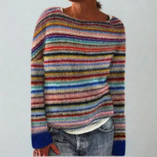 Fashionable women's elegant knit jumper. Comfortable multi-color, long-sleeve, vintage-style sweater for autumn.