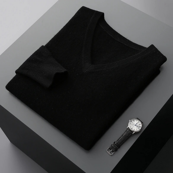 Warm winter men's V-neck knit sweater, a cozy long sleeve layering piece for ultimate comfort.