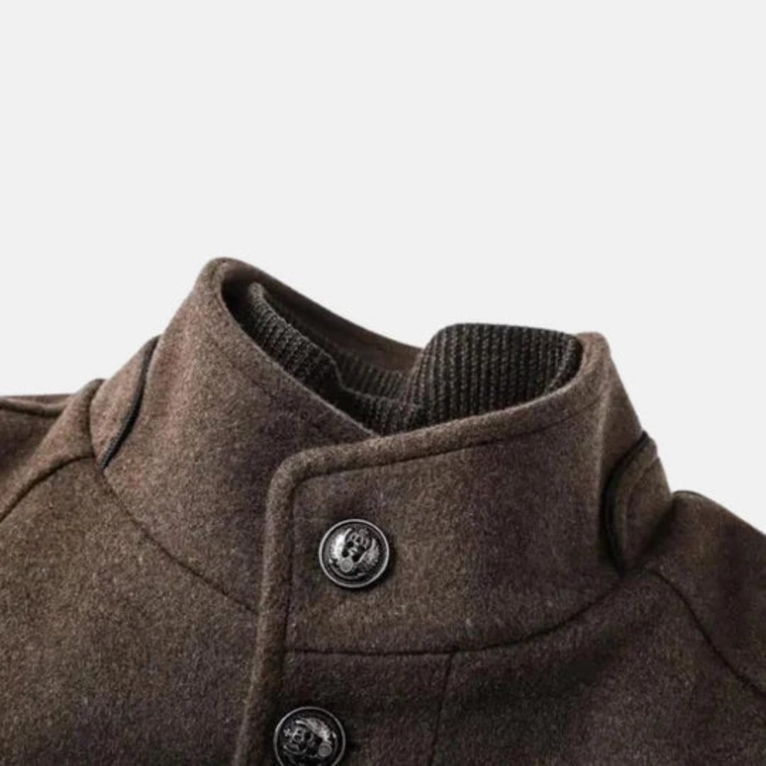 Men's casual mid-length jacket with a stand collar, versatile for everyday fall & winter wear.