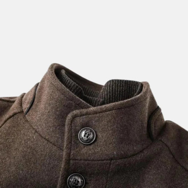 Men's casual mid-length jacket with a stand collar, versatile for everyday fall & winter wear.