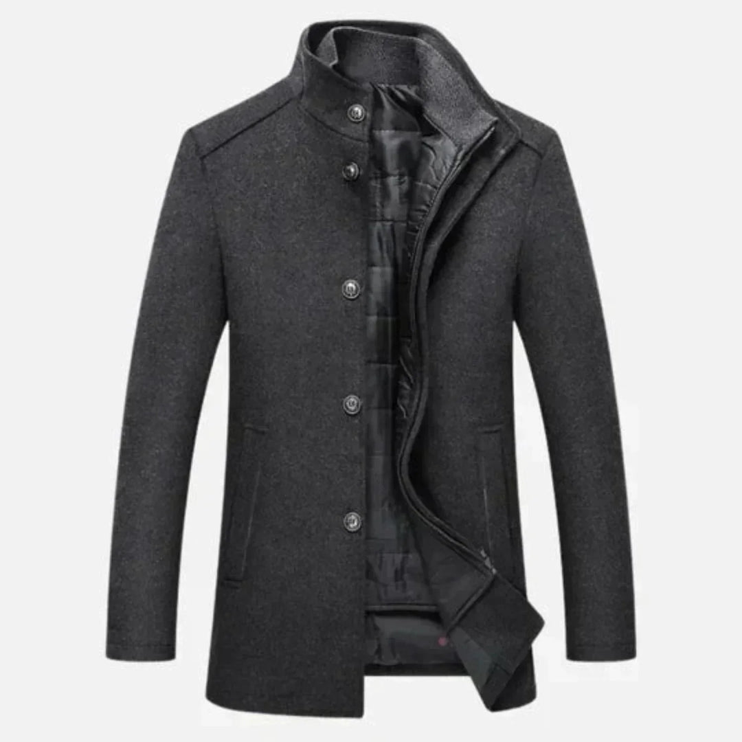 Classic men's elegant stand collar overcoat, ideal for formal & casual winter fashion.