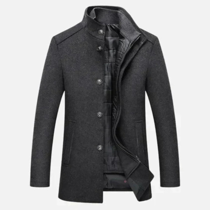 Classic men's elegant stand collar overcoat, ideal for formal & casual winter fashion.