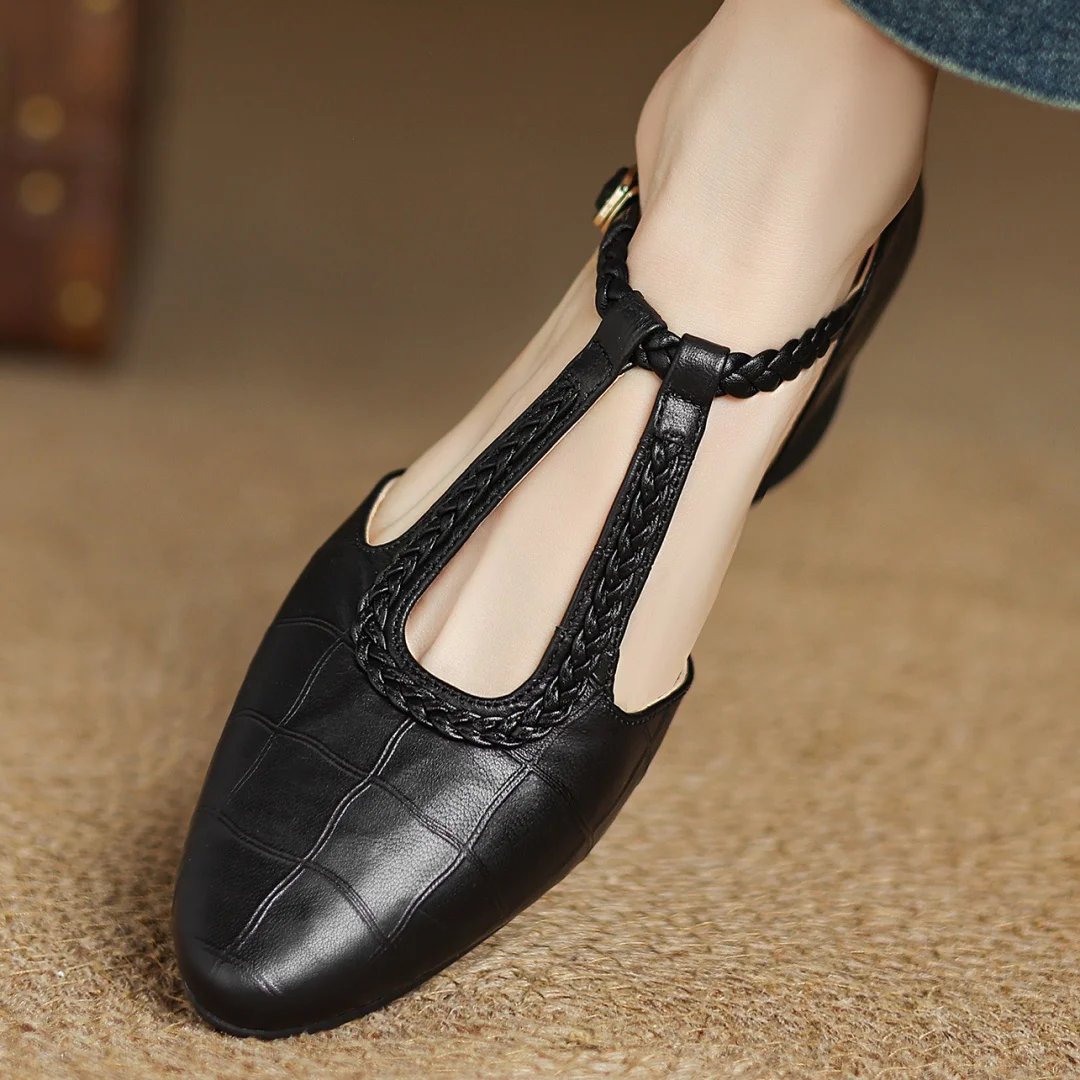 Women's vintage style brown leather Mary Jane flats, soft & comfortable with a low heel for everyday wear.