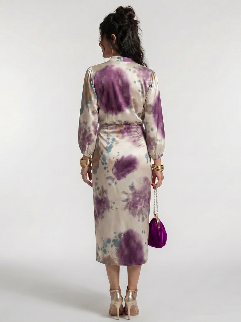 Comfortable women's long sleeve printed midi dress with an adjustable cross wrap tie waist for versatile styling.