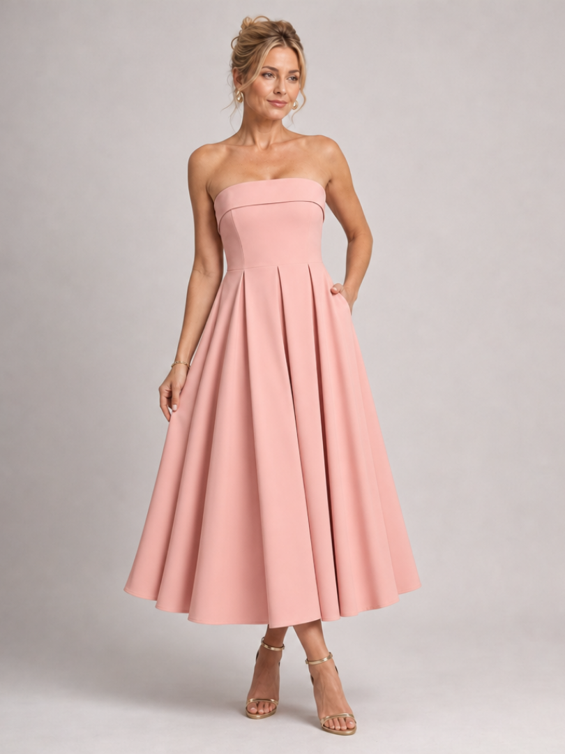 Structured bodice strapless midi dress for women, an elegant choice for cocktail parties & formal occasions.