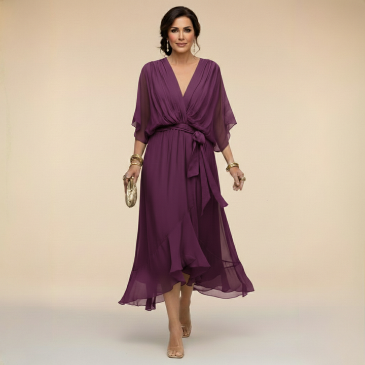 Women's stylish V-neck flowy sleeve maxi dress, an elegant option for formal occasions & evening wear.
