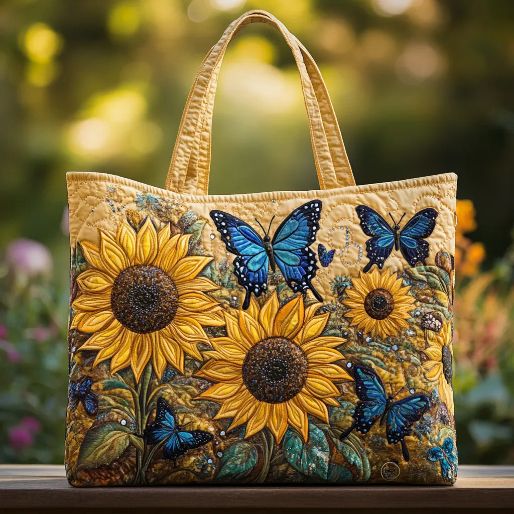 Women's handcrafted quilted shoulder bag with vibrant sunflower & blue butterfly print, perfect as an everyday floral tote.