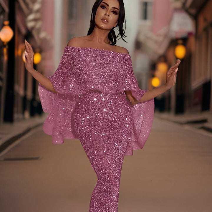 Sophisticated women's off-shoulder ruffle dress, ideal for evening wear with a versatile style.