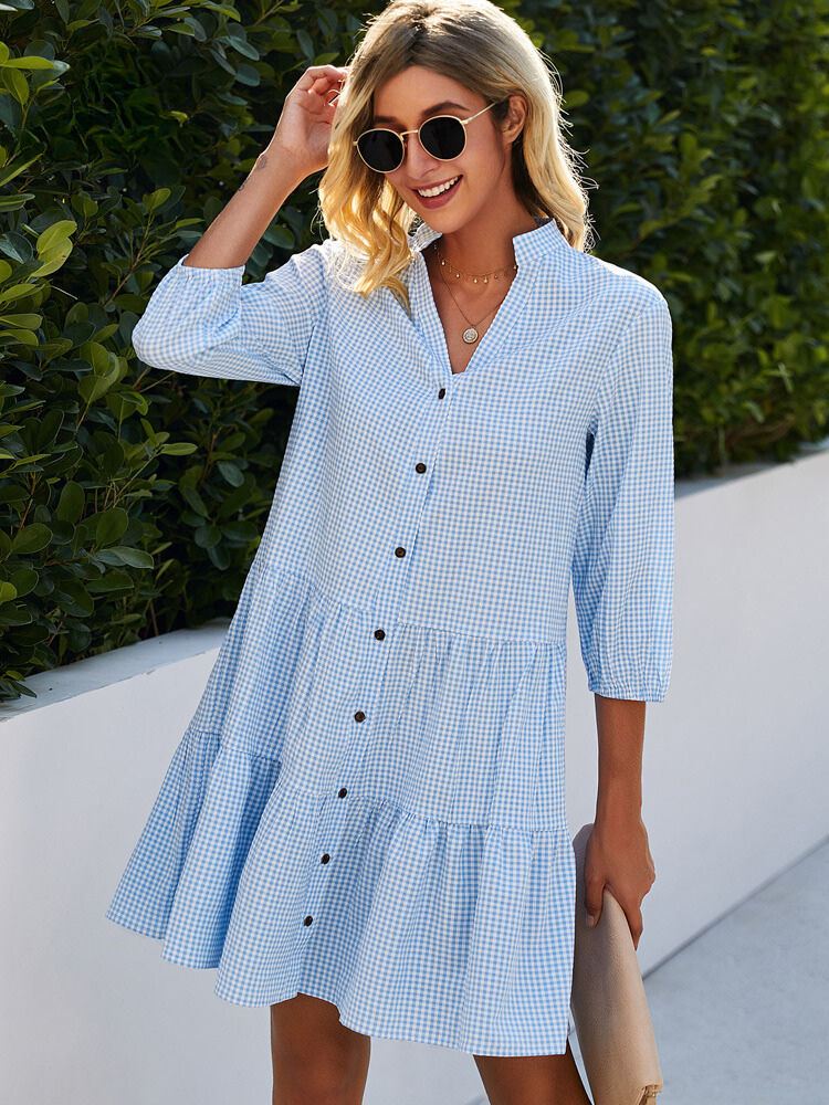 Elegant women's checkered high-neck cardigan midi dress. Perfect for fall workwear or casual outings.
