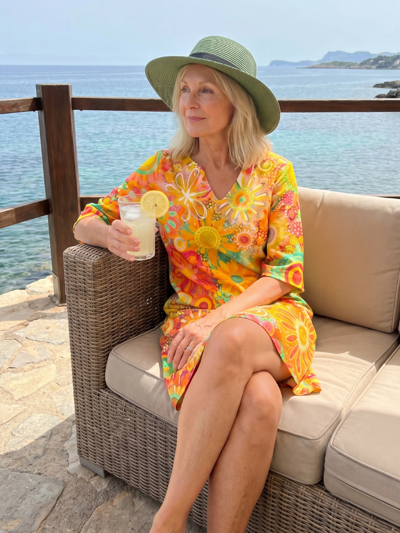 Vibrant multicolor floral print knee-length dress, a chic piece for women's fashion.