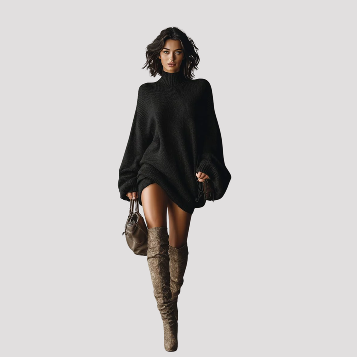 Warm fall/winter oversized knit dress for women, with a chic turtleneck and long sleeves, perfect cozy wear.