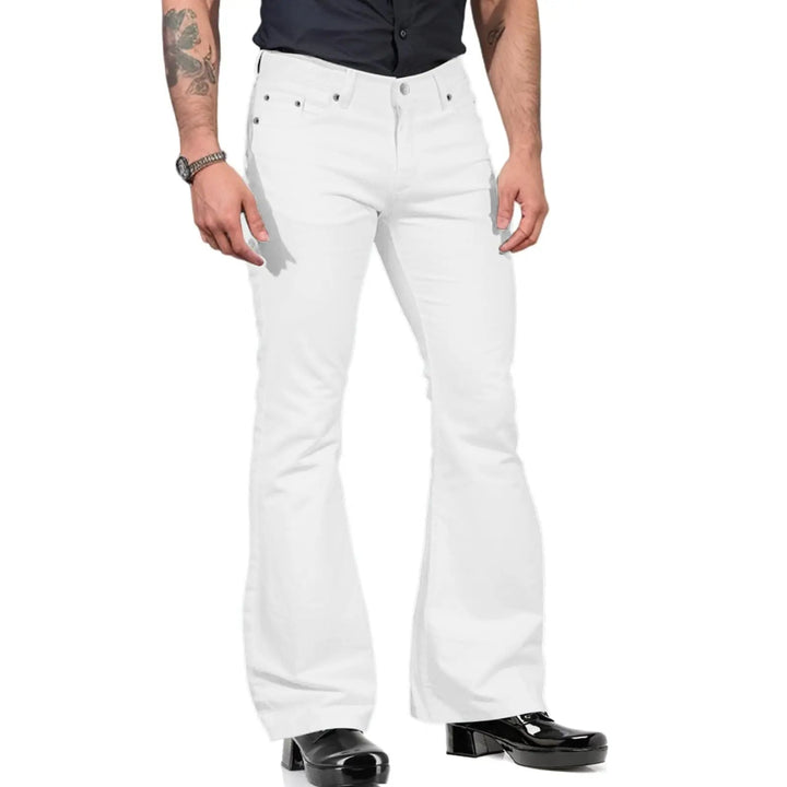 White men's tailored flared pants, exuding vintage charm and modern sophistication.