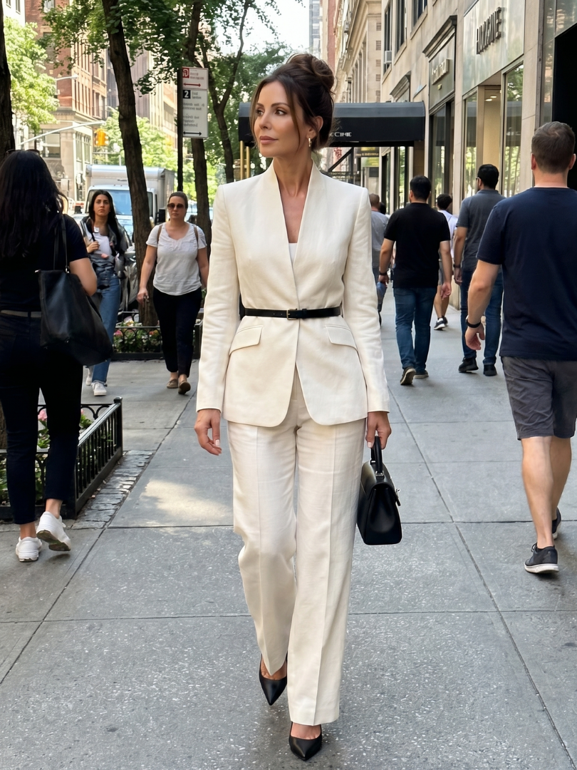 Modern office wear: women's two-piece suit with a structured stand collar and flared leg pants.