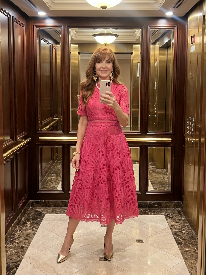 Feminine women's pink eyelet lace midi dress, featuring an elegant design with a defined waist & comfortable short sleeves.