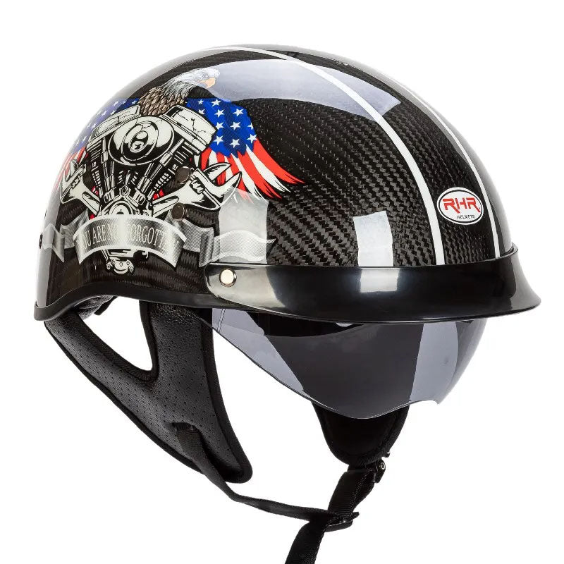 Carbon look half-face helmet, a lightweight and comfortable choice for unisex retro motorcycle style.
