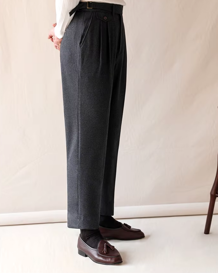 Polyester men's dark gray pleated dress pants, straight fit, adjustable waist. Great for fall/winter fashion.