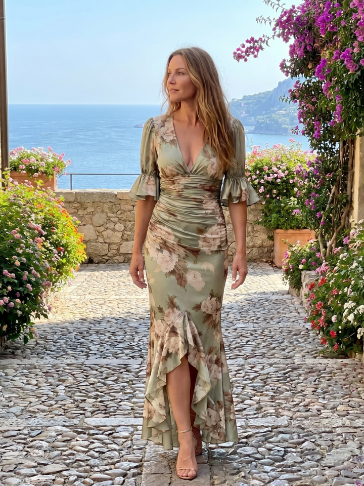 Flattering women's short sleeve V-neck camouflage midi dress with ruched waist, perfect for effortless style.