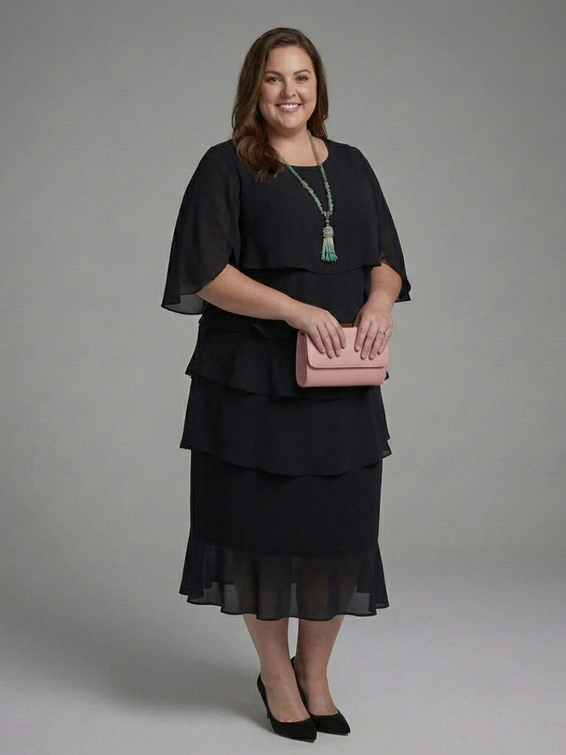 Chic women's Maelis black midi dress with distinctive layered cape sleeves, offering an elegant silhouette.