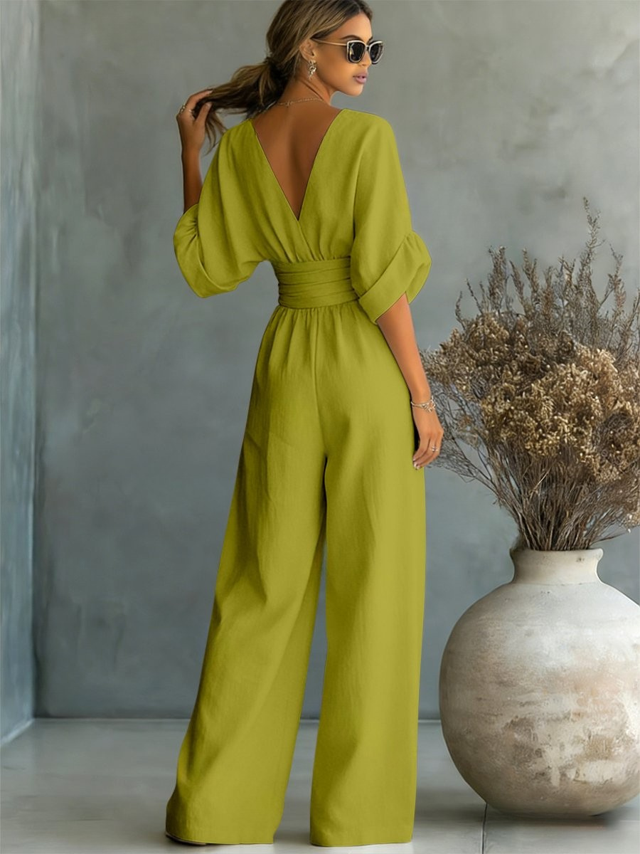 Day-to-night women's V-neck jumpsuit, offering effortless style for work or weekend wear.
