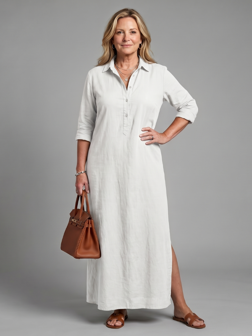Versatile women's long sleeve maxi dress with collared neckline & button-up front, suitable for any occasion.
