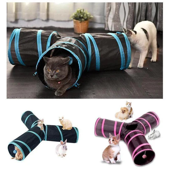 Engaging 3-way cat & small animal play tunnel. Foldable design for interactive fun & pet exploration.