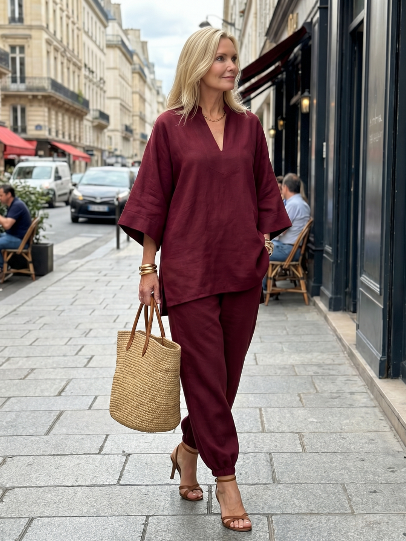 Chic women's two-piece outfit: V-neck tunic & comfy gathered trousers. Perfect for summer.