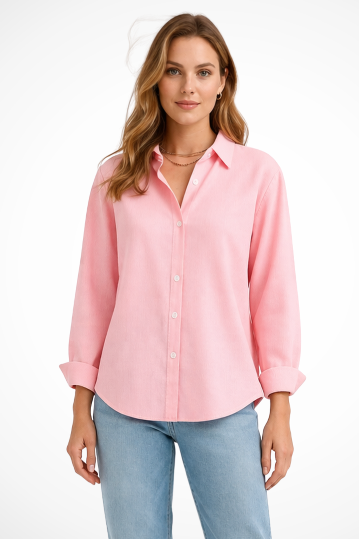 Versatile women's collared shirt, relaxed fit, long sleeves, button down, great for daily fashion.