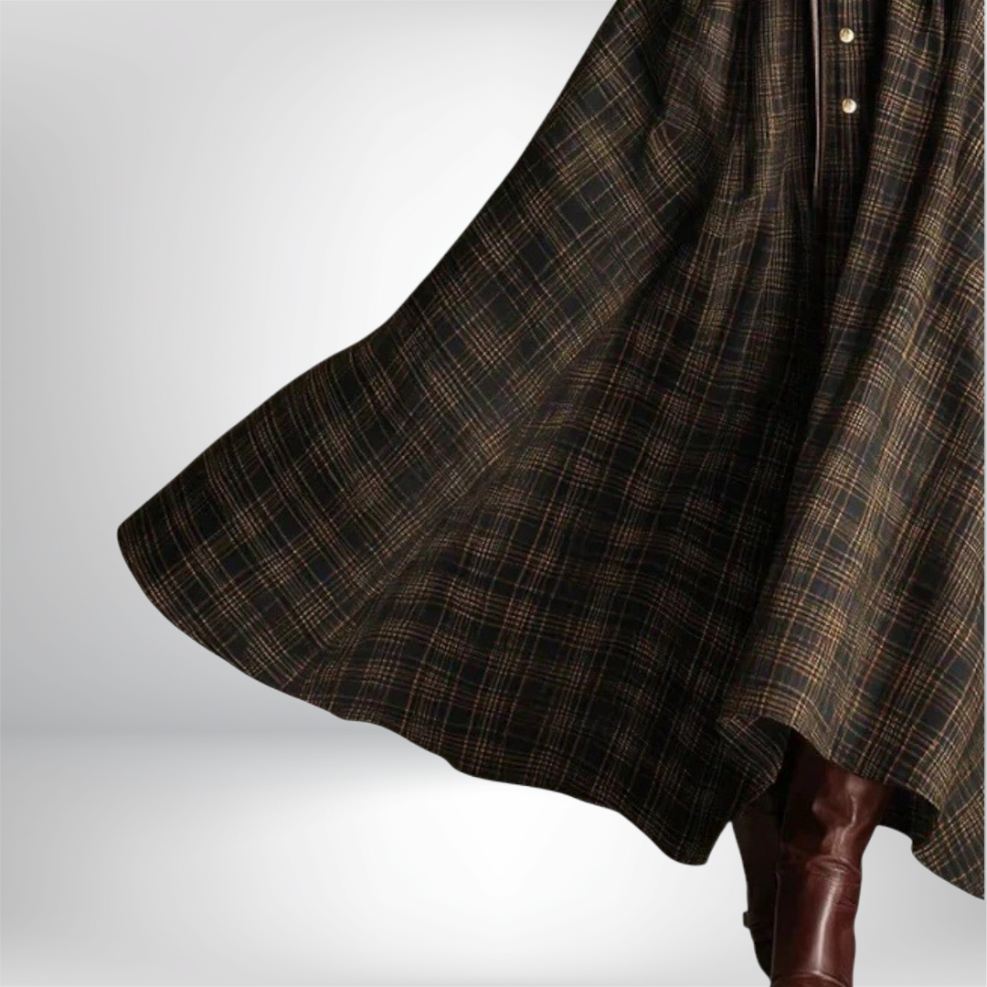 Fashionable women's plaid belted dress, a comfortable button-down midi perfect for autumn and winter seasons.