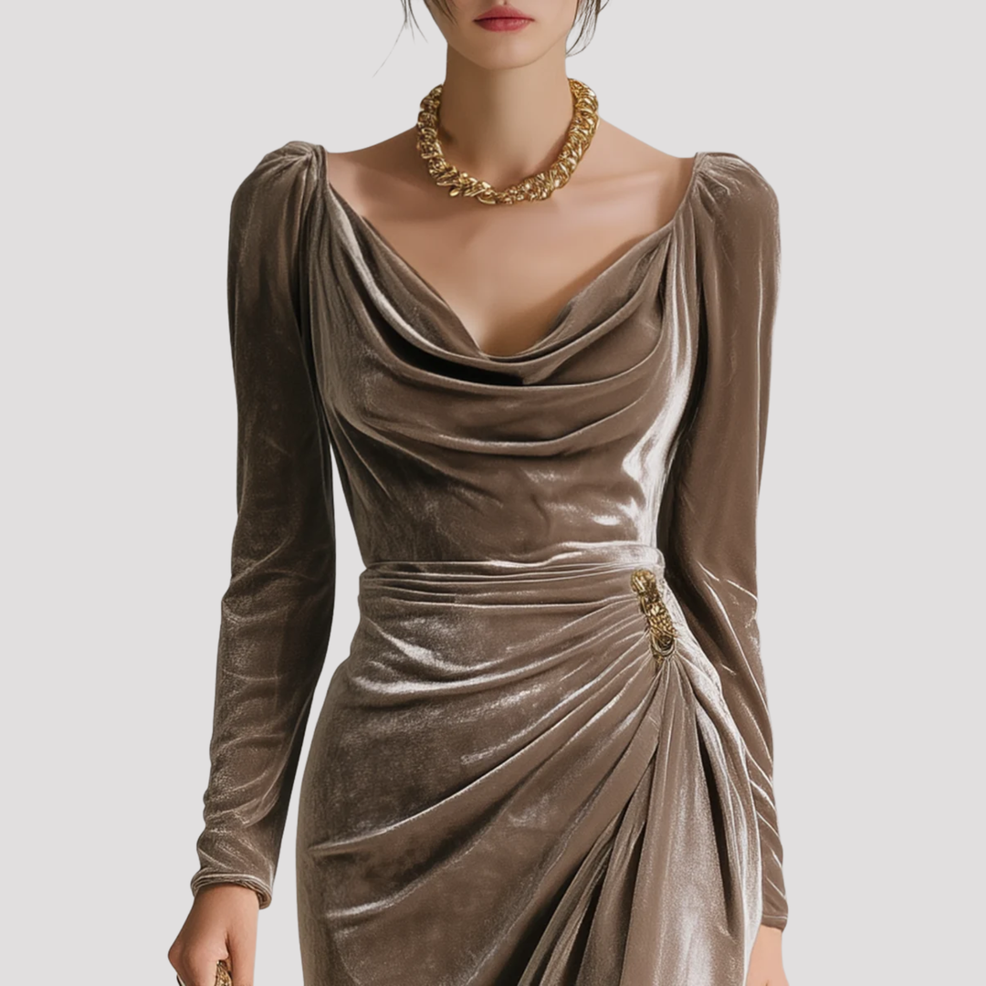 Formal women's long sleeve midi dress with elegant draping & an asymmetric hem. Perfect for evening events.