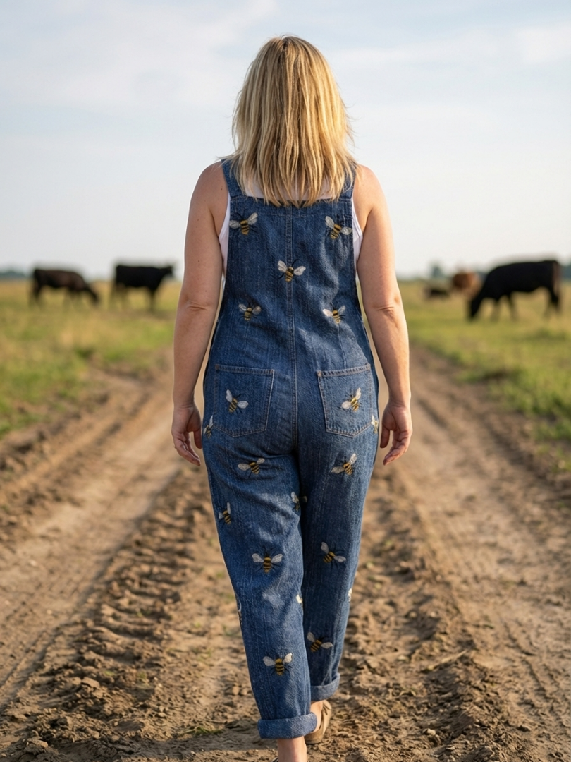 Versatile women's blue relaxed fit jumpsuit featuring printed straps, offering comfortable and elegant casual style.