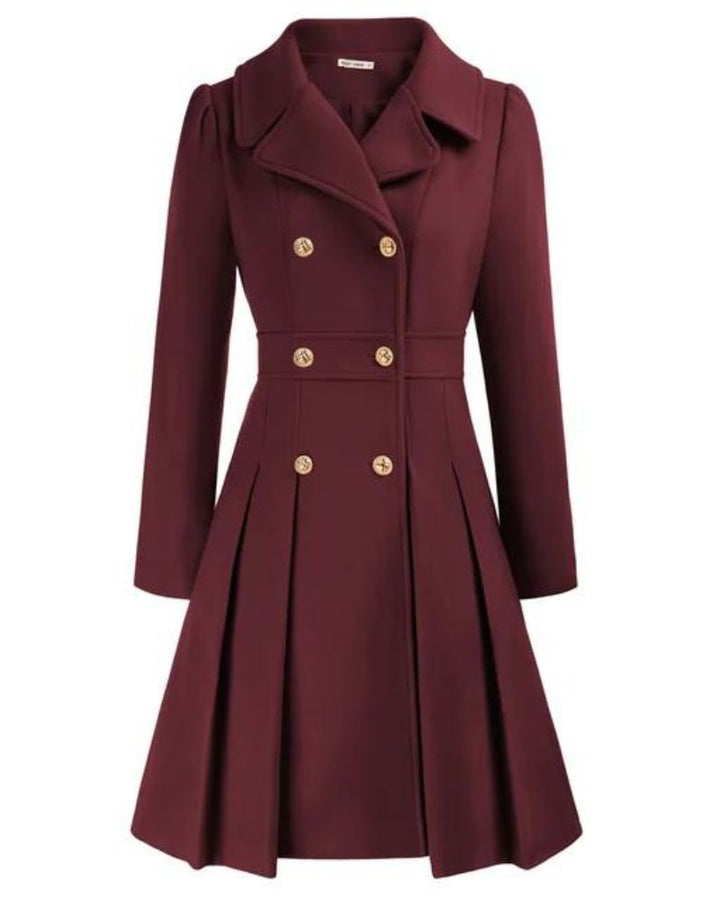 Women's elegant pleated longline winter coat, a sophisticated dress coat for ultimate cold weather style.