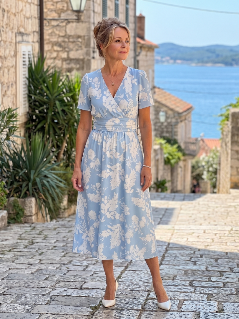 Women's short sleeve V-neck floral print midi dress. A comfortable & stylish summer casual day dress.