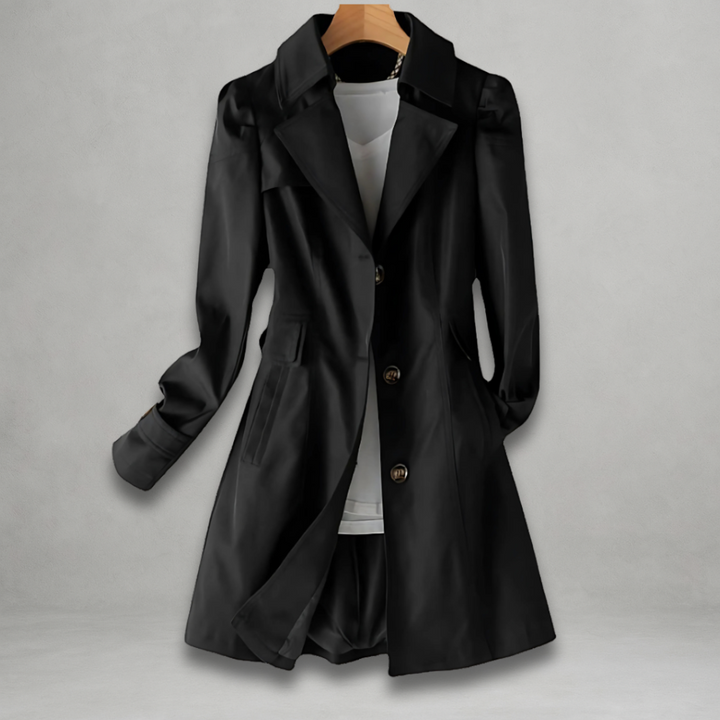 Back view of women's lightweight spring trench coat, showcasing its elegant cut & versatile outerwear design.