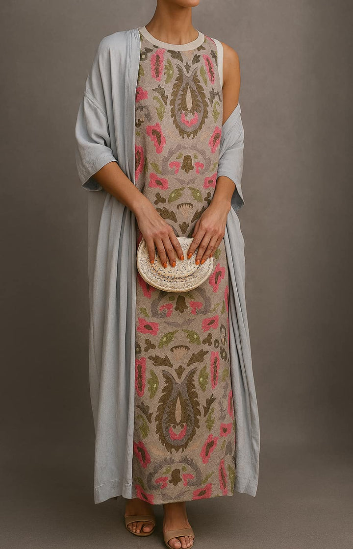Comfortable women's casual maxi dress & open front cardigan set, ideal for relaxed summer fashion and elegance.