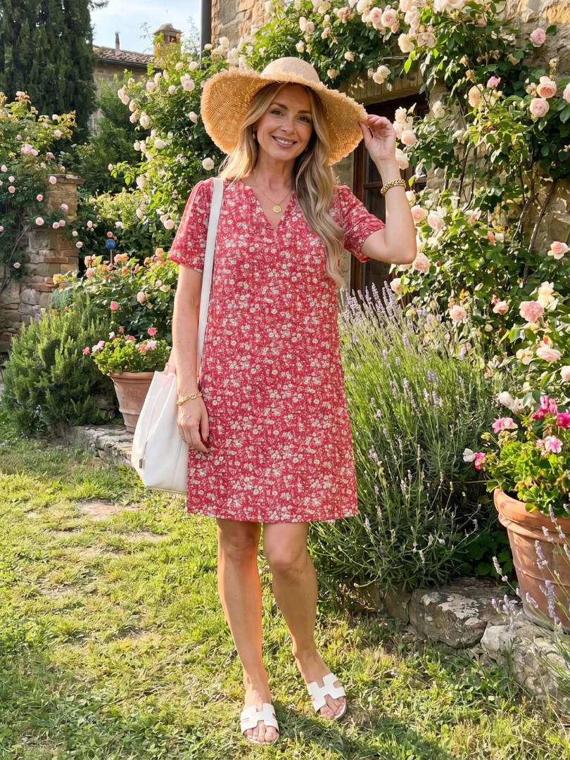 V-neck women's short sleeve geometric print dress. Knee-length and relaxed fit for everyday comfort & women's style.