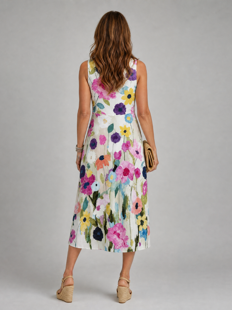 Elegant women's sleeveless floral midi dress with a colorful, vibrant print and an easy-wear design.