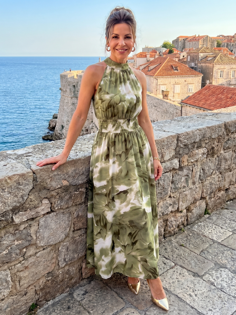 Beautiful women's abstract print midi dress, halter neck, gathered waist. Perfect for a breezy summer day.