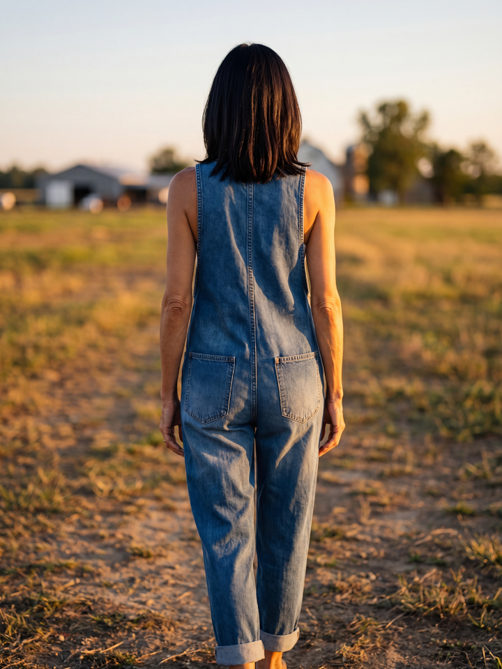 Full length navy women's jumpsuit, relaxed fit, featuring a fun and unique rooster print, great for everyday style.