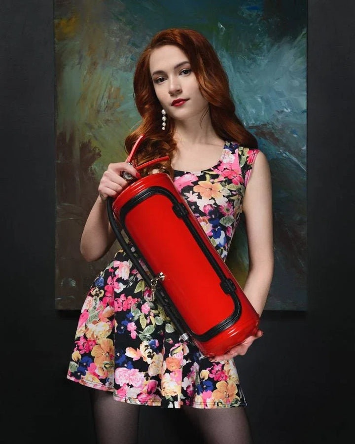 Portable fire extinguisher hidden mini bar, perfect for discreet drink storage on a bar cart.