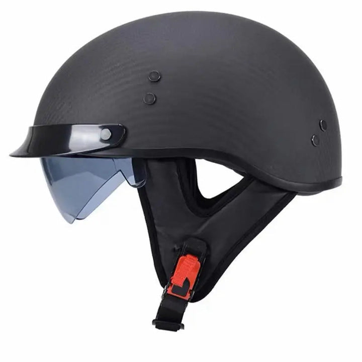 Unisex vintage half-face helmet with carbon look, perfect for retro motorcycle protection and style.