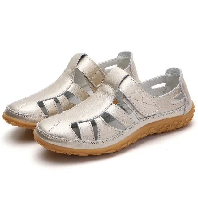 Brown leather women's comfort sandals, adjustable velcro straps & breathable open-toe design for hot days.