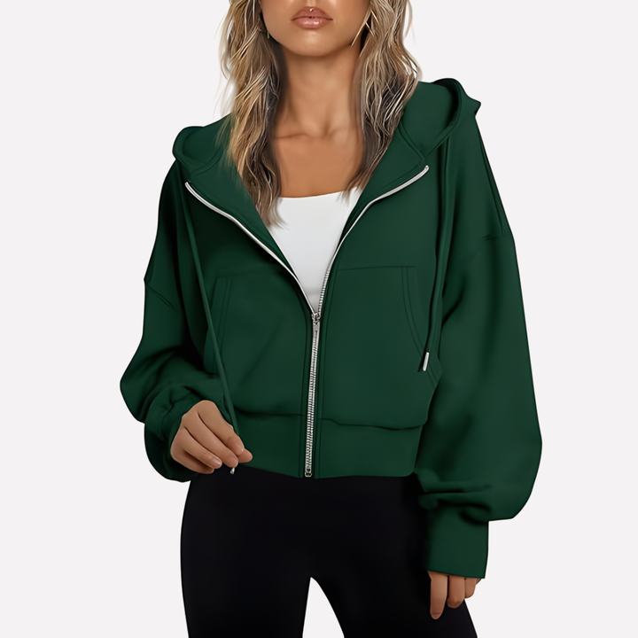 Stylish women's cropped zip-up hoodie, designed for casual wear & comfort.