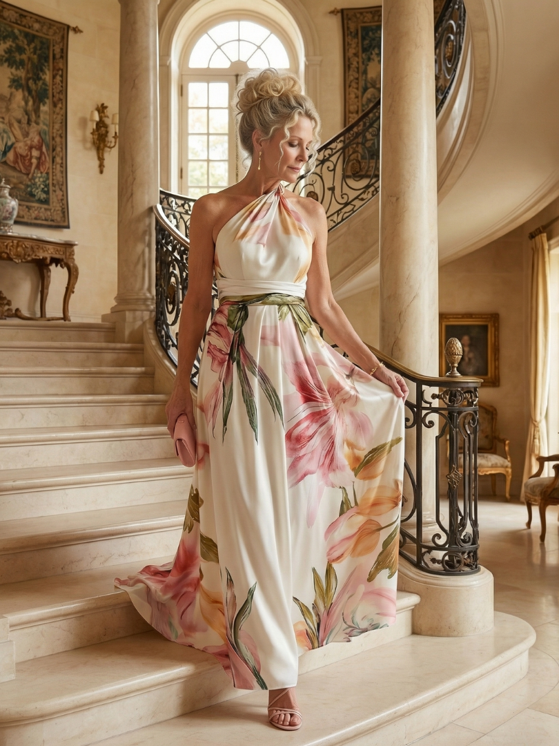 Comfortable women's floral halter maxi dress, perfect for casual outings or elegant vacation evenings.