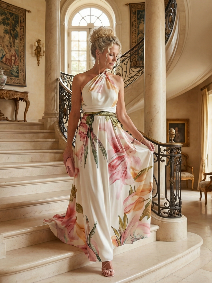 Comfortable women's floral halter maxi dress, perfect for casual outings or elegant vacation evenings.