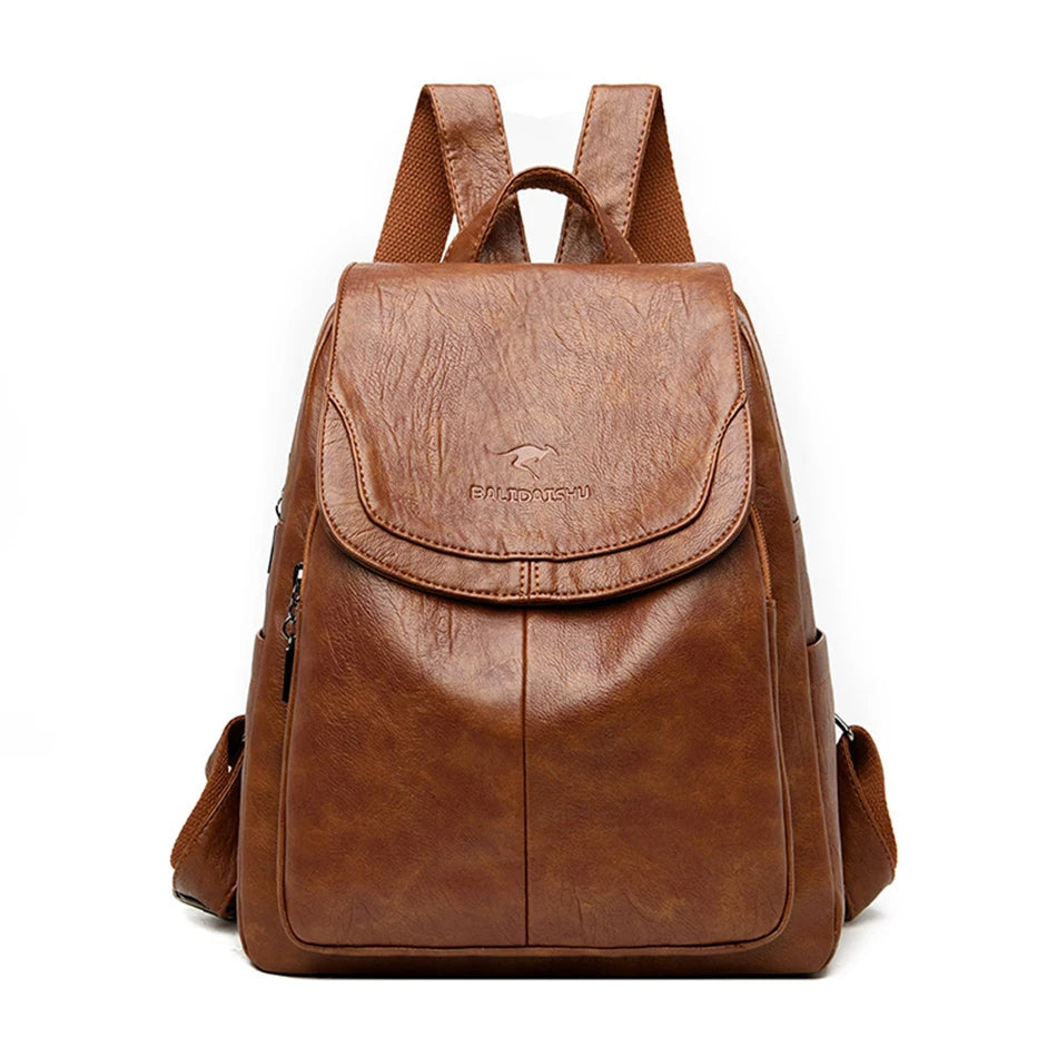 Sleek women's leather anti-theft backpack, offering secure storage and a stylish look for travel.
