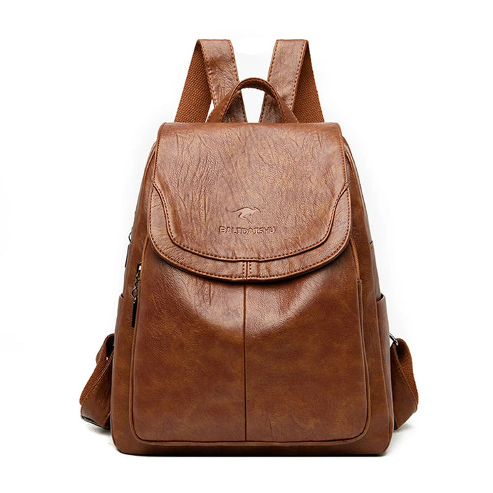 Sleek women's leather anti-theft backpack, offering secure storage and a stylish look for travel.