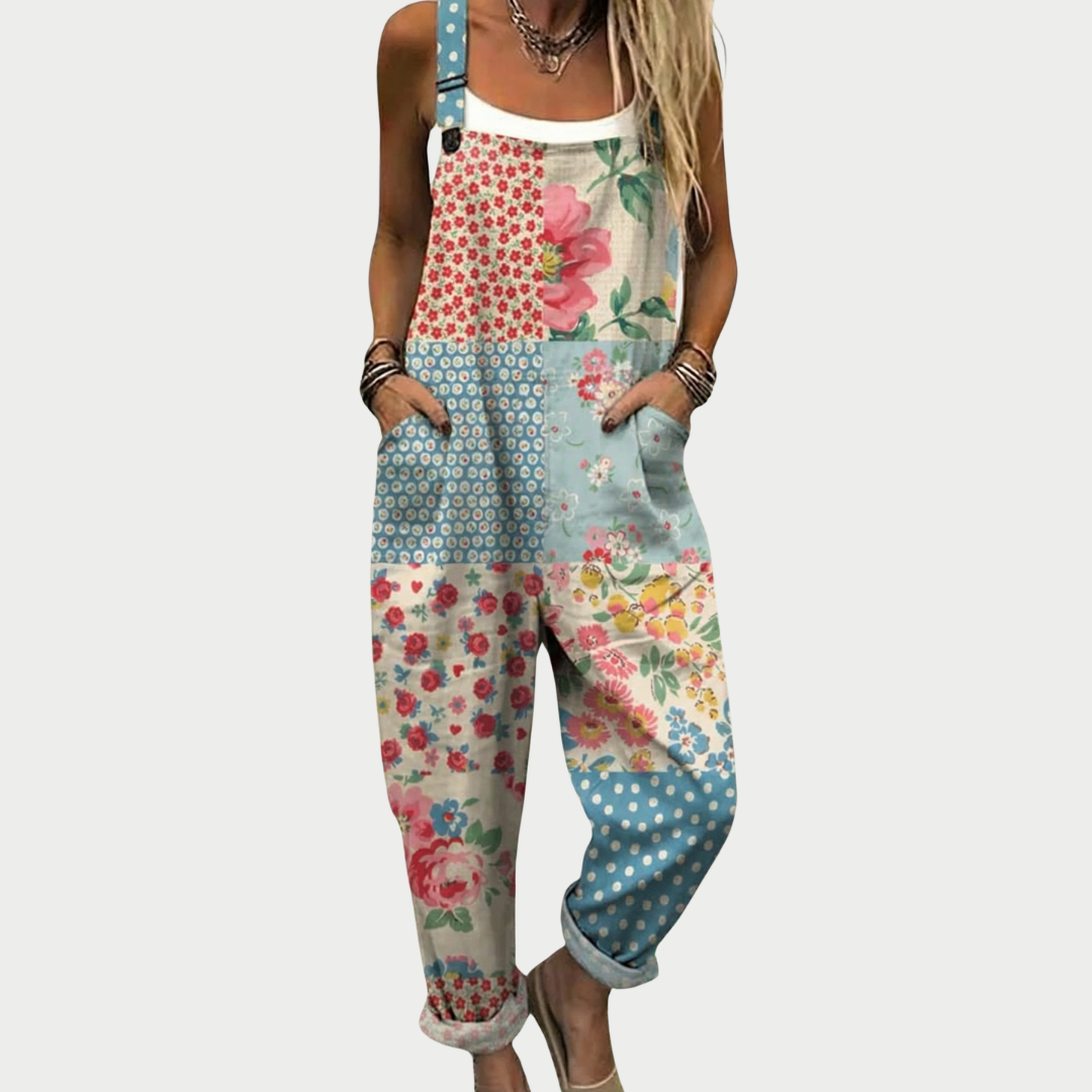 Women's comfortable multicolored printed overalls jumpsuit, perfect for a relaxed casual summer style with a boho chic feel.