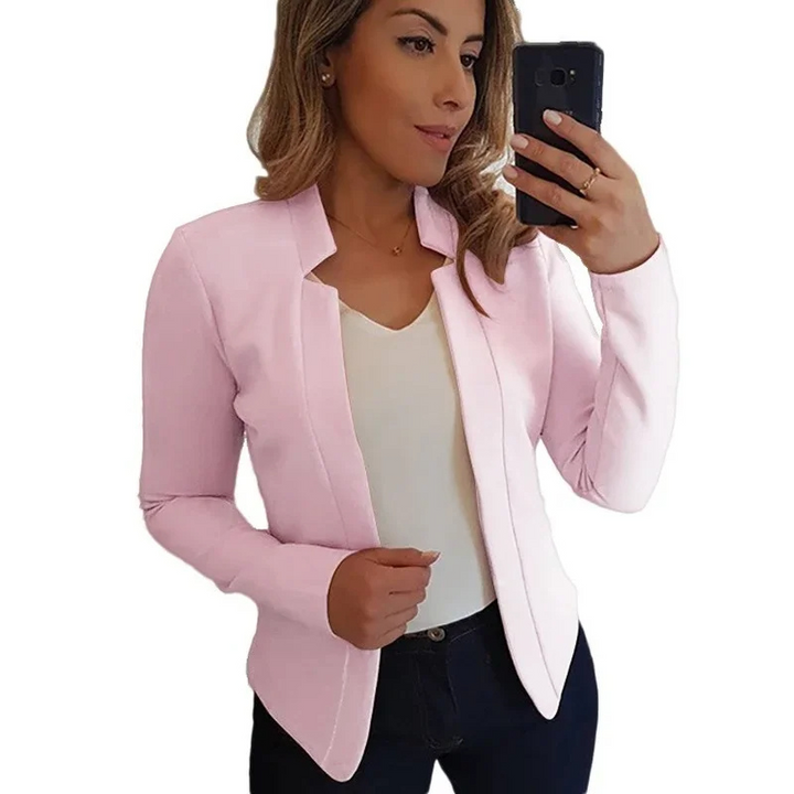 Back view of women's slim fit blazer, emphasizing the tailored fit and quality professional outerwear.