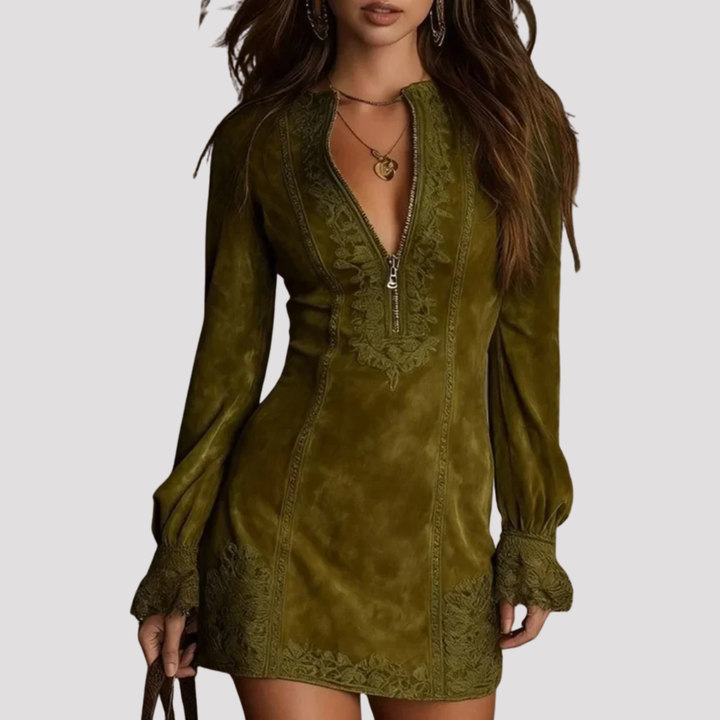 Sophisticated women's party mini dress, richly embroidered with long sleeves and a stylish zip neckline.